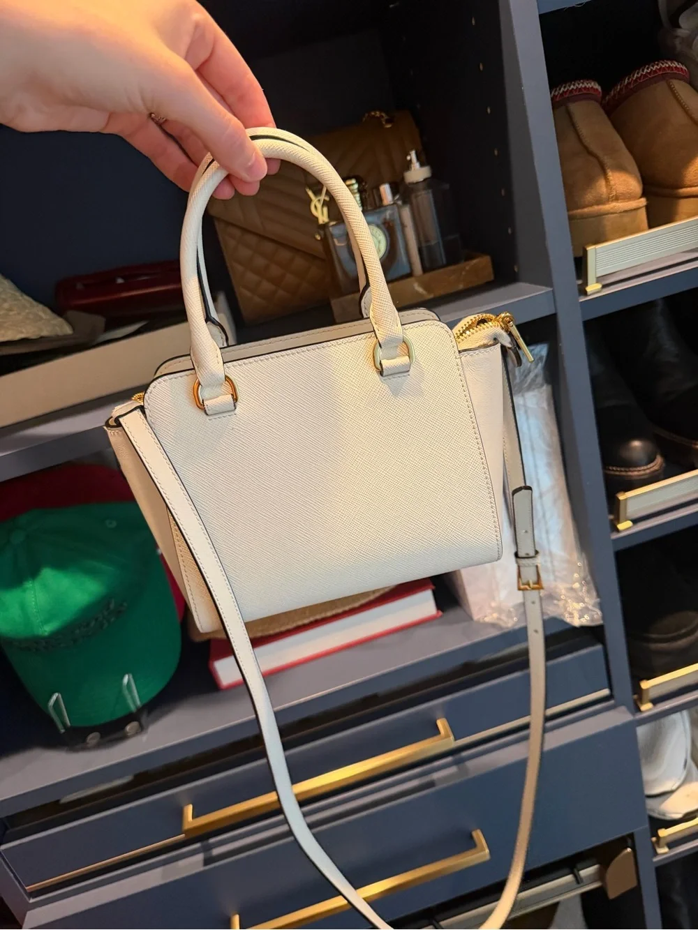 Prada Cream Saffiano Leather Mini Satchel with Gold Hardware